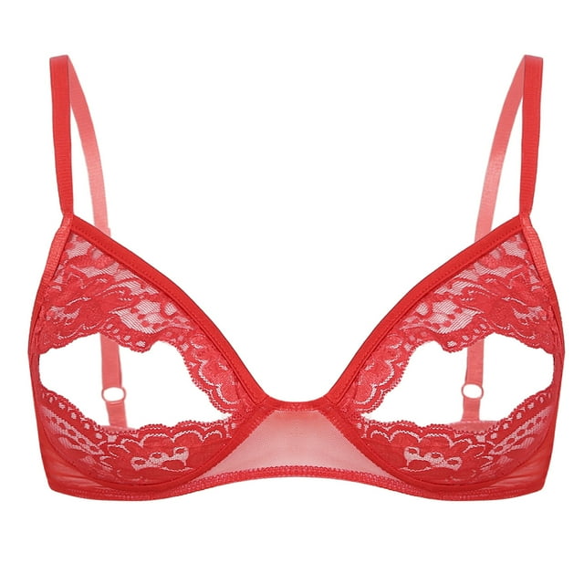 Sxiwei Womens Sheer Floral Lace Hollow Out Bra Top Wire Free Unlined Bralette Lingerie Tops Red 2696