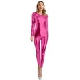 thumbnail image 1 of Sxiwei Womens Shiny Metallic Unitard Round Neck Long Sleeve Footless Zentai Suit Catsuit Dancewear Hot Pink 3XL, 1 of 7