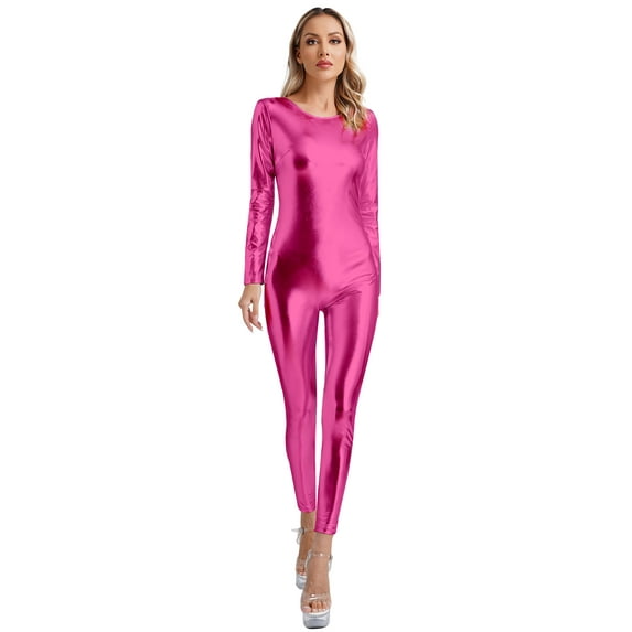 Sxiwei Womens Shiny Metallic Unitard Round Neck Long Sleeve Footless Zentai Suit Catsuit Dancewear Hot Pink 3XL
