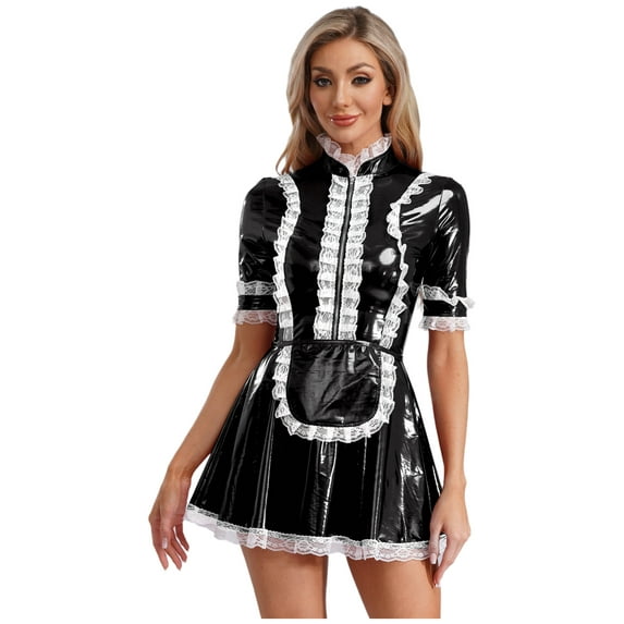 Sxiwei Womens Wetlook French Maid Cosplay Costume Short Sleeve Lace Trim Tutu Dress with Apron Black 4XL