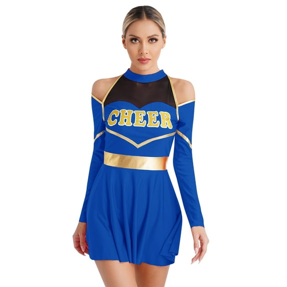 Sxiwei Womens Youthful Schoolgirl Costume Cold Shoulders Halloween Party Complete Cheerleading Royal Blue XXL