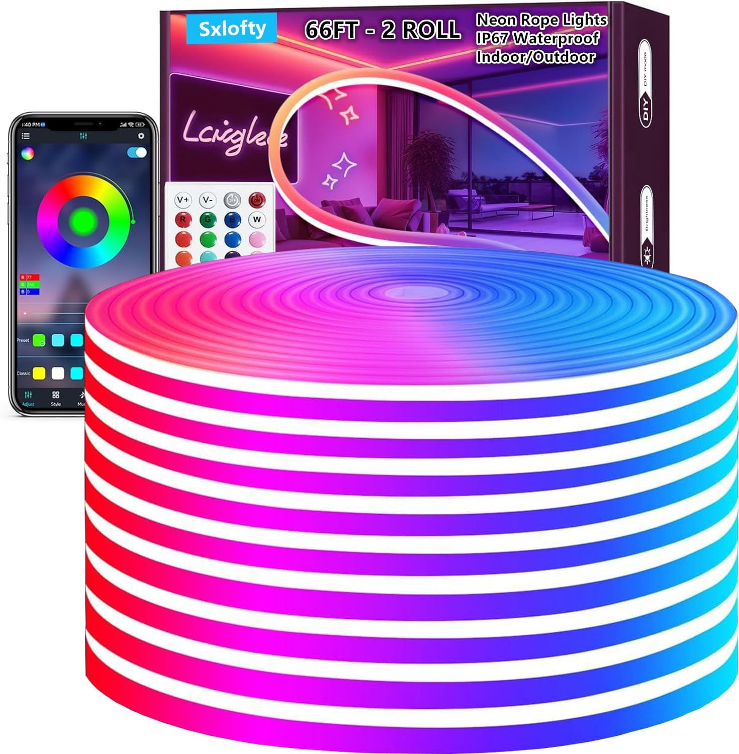 Sxlofty Led Neon Rope Lights 66FT,Control with App/Remote,Flexible Led ...