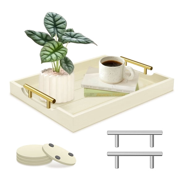 Sxnows Coffee Table Trays - Large Ottoman Tray for Living Room -Wood Serving Tray with 2 Sets of Handles - Wooden Tray for Coffee Table, 4 Round Coasters Included(Off-White)
