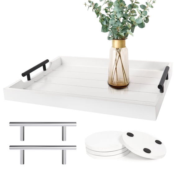 Sxnows Coffee Table Trays - Large Ottoman Tray for Living Room -Wood Serving Tray with 2 Sets of Handles - Wooden Tray for Coffee Table, 4 Round Coasters Included(White)