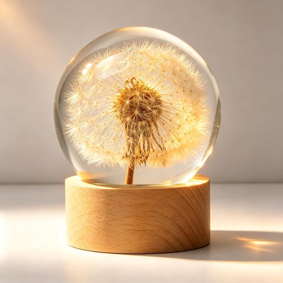 Sxpopstore 3D Dandelion Crystal Ball Night Light 2.36in, White
