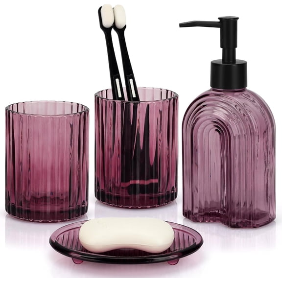 Sxpopstore Bathroom Accessories Set, 4Pcs Glass Bathroom Accessories Set Complete, Lotion Soap Dispenser 11.6OZ, Purple Thin Rainbow