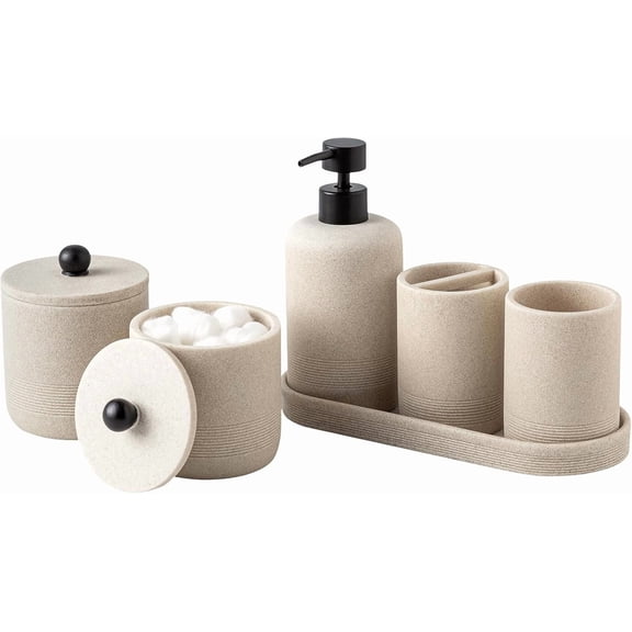 Sxpopstore Bathroom Accessories Set, 6 Pcs Modern Bathroom Accessory Set with Soap Dispenser 15.2 Oz, Beige