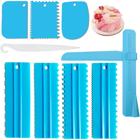 Sxpopstore Cake Scraper Set of 9 Packs, Cake Scraper Smoother Set, Adjustable Icing Scraper Polisher Tool, Cake Decorating Comb Blue