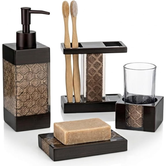 Sxpopstore Creative Scents Dahlia Brown Bathroom Accessories Set Includes Soap Dispenser 4 Piece, Brown