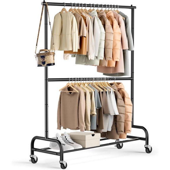 Sxpopstore Heavy Duty Double Rod Garment Rack, Black, Steel Construction, 150 lbs Capacity, 42"W x 77.5"H x 15.2"D