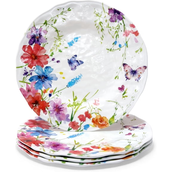 Sxpopstore Melamine Dinner Plates Set of 4 with Floral Butterfly Plates with 11 Inch, Spring Floral