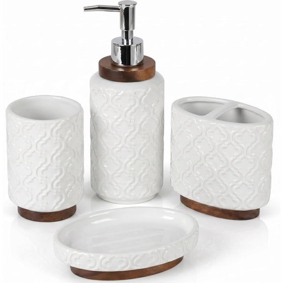 Sxpopstore Rqyixi Bathroom Accessories Set, White Ceramic Bath Accessory Set with Wood Accents, Soap Dispenser 4 Piece, A-White