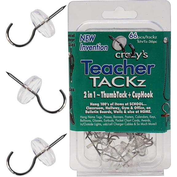 Sxpopstore Teacher Tackz 2-in-1 Tack with a Hook with Push Pin Thumb Tack with Hook 66pc, Transparent, Silver