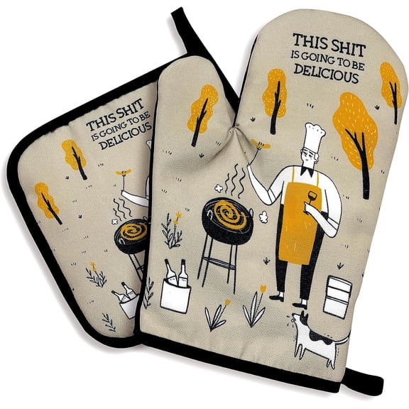 This Sxxt is Going to be Delicious,Oven Mitts and Pot Holders Sets of 2，Funny Oven Mitt，Silicone Non-Slip Oven Mitts,BBQ Lover Gift,Kitchen Gift for Men,Perfect for Kitchen,Cooking,Grilling