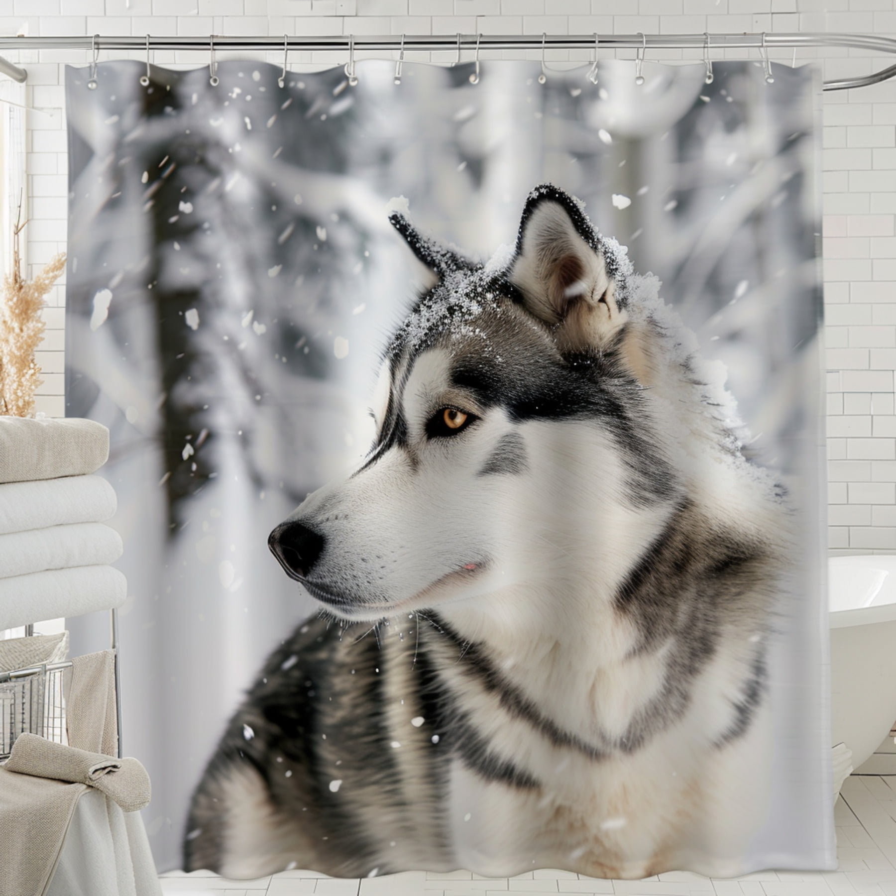 Sy Husky Forest Bathroom Shower Curtain Grey Silver Black Tan White ...