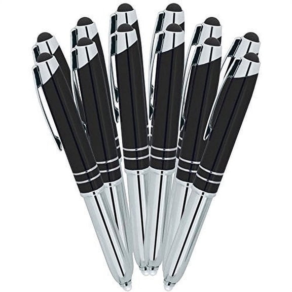 SyPen Stylus Pen for Touchscreen Devices, Tablets, iPads, iPhones, Multi-Function Capacitive Pen With LED Flashlight, Ballpoint Ink Pen, 3-In-1 Metal Pen, 12PK, Black
