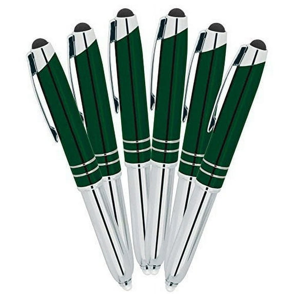 SyPen Stylus Pen for Touchscreen Devices, Tablets, iPads, iPhones, Multi-Function Capacitive Pen With LED Flashlight, Ballpoint Ink Pen, 3-In-1 Metal Pen, 6PK, Green