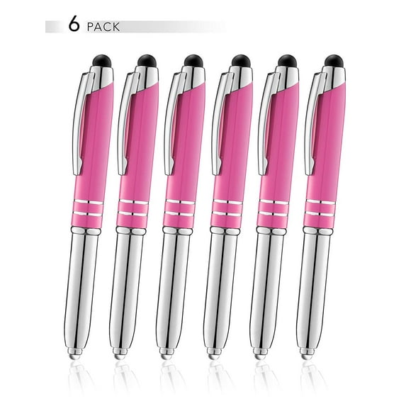 SyPen Stylus Pen for Touchscreen Devices, Tablets, iPads, iPhones, Multi-Function Capacitive Pen With LED Flashlight, Ballpoint Ink Pen, 3-In-1 Metal Pen, 6PK, Pink