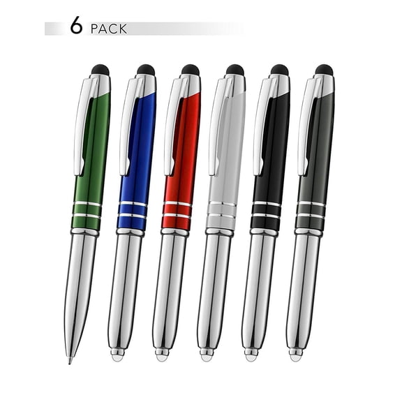 SyPen Stylus Pen for Touchscreen Devices, Tablets, iPads, iPhones, Multi-Function Capacitive Pen With LED Flashlight, Ballpoint Ink Pen, 3-In-1 Metal Pen, Multi,6PK