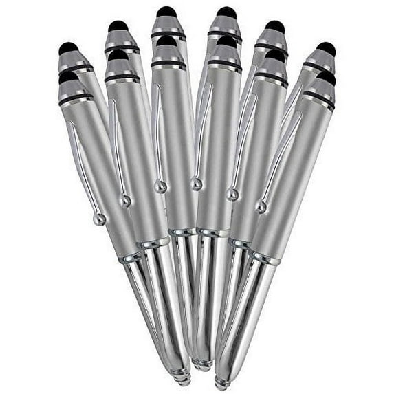 SyPen Stylus Pen for Touchscreen Devices, Tablets, iPads, iPhones, Multi-Function Capacitive Pen With LED Flashlight, Ballpoint Ink Pen, 3-In-1 Pen, 10PK, Silver