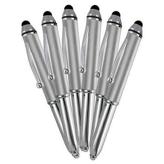 SyPen Stylus Pen for Touchscreen Devices, Tablets, iPads, iPhones, Multi-Function Capacitive Pen With LED Flashlight, Ballpoint Ink Pen, 3-In-1 Pen, 5PK, Silver