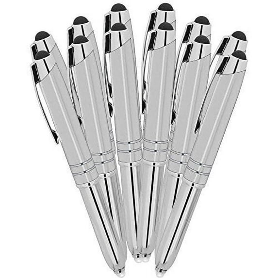 SyPen SyPen Stylus Pen for Touchscreen Devices, Tablets, iPads, iPhones, Multi-Function Capacitive Pen With LED Flashlight, Ballpoint Ink Pen, 3-In-1 Metal Pen, 12PK, Silver