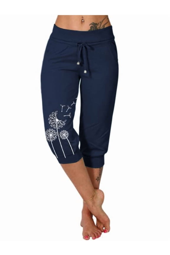 SySea Elastic Waist Print Casual Pants Women Knee-Length Capris Loose Drawstring Joggers
