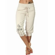 LANGWYQU NGMQ Elastic Waist Print Casual Pants Women Knee-Length Capris Loose Drawstring Joggers