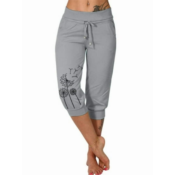 Elastic Waist Print Casual Pants Women Knee-Length Capris Loose Drawstring Joggers