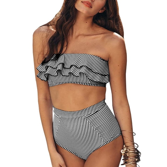 SySea Womens High Waisted Flounce Bandeau Bikini Set Striped Ruffle Strapless 2 Piece Bathing Suit Summer Swimwear