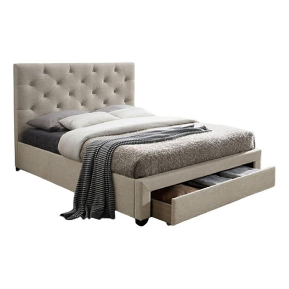 Sya Queen Size Bed w Button Tufted Upholstery-Underbed Storage-Beige