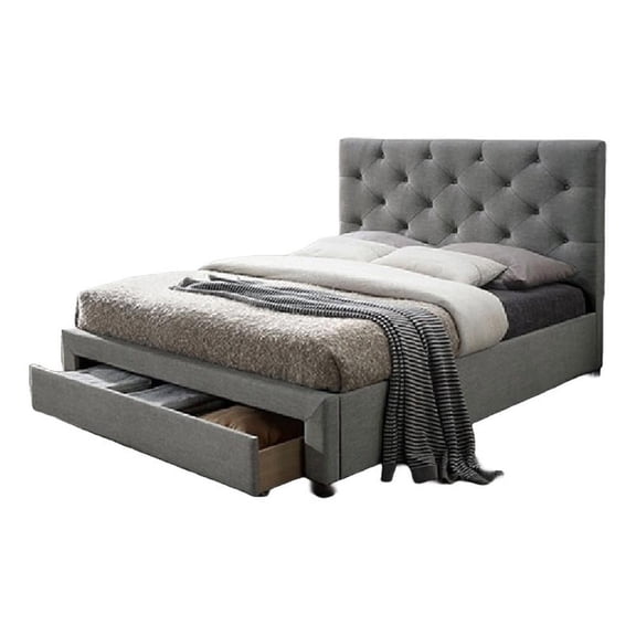 Sya Queen Size Bed w Button Tufted Upholstery-Underbed Storage-Gray