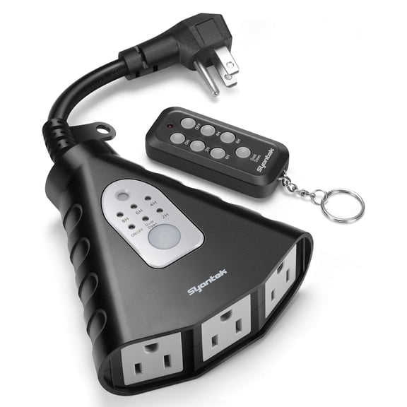 Syantek Outdoor Light Timer, Waterproof Remote Control Outlet with Dusk to Dawn Sensor and Countdown Timer, 3 Grounded Outlets, 15A, 100 ft Range
