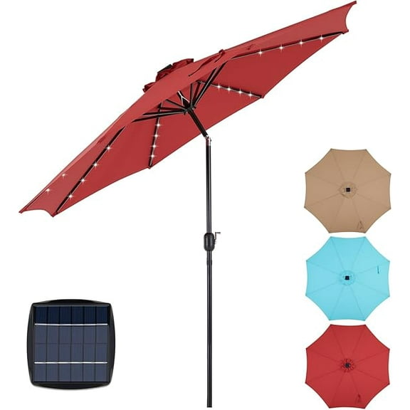 Sybels 10FT Outdoor LED Patio Umbrella, Push Button Tilt & Easy Crank for Pool, Beach, Restaurant, Red