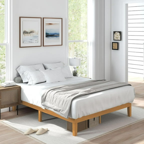 Sybels 12" Full Size Wood Bed Frame, Natural Pine Platform with Slat Support, No Box Spring Required