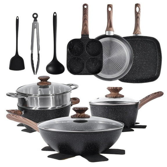 Sybels 17-Piece Nonstick Pots and Pans Set for Healthy Cooking, Non-Toxic & Oven Safe with Stay-Cool Handles, Works on All Stoves, Black