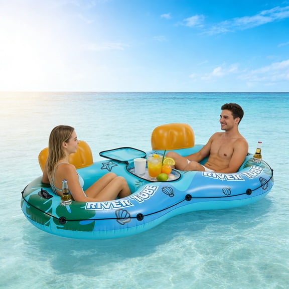 Sybels 2-Person Quick Inflate River Float,featuring an Enhanced Backrest and Built-in Cooler – for Pool & Lake, Blue & Green