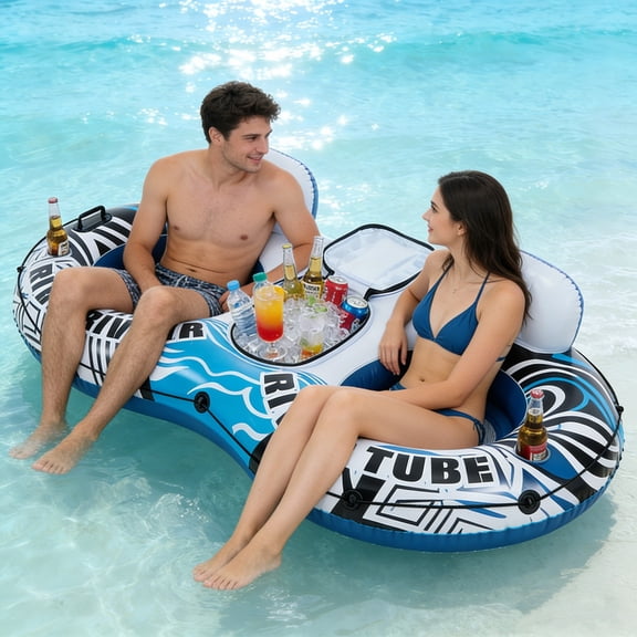 Sybels 2-Person Quick Inflate River Float,featuring an Enhanced Backrest and Built-in Cooler – for Pool & Lake, Blue & White