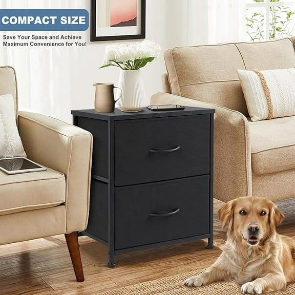 Sybels 20" Tall Bedside Table with 2 Fabric Storage Drawers, Compact Night Stand Dresser with Wooden Top for Bedroom, Dorm Room,Black (1Pack)