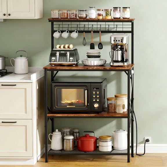Sybels 23" 4-Tier Kitchen Baker's Rack , Built-in Power Outlet,Sturdy Metal Frame with Wood Shelves, Brown