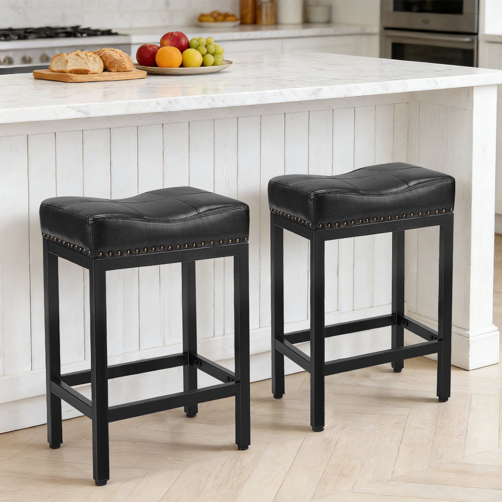 Sybels 24" Saddle Bar Stools (Set of 2) - PU Leather Counter Stools with Footrest for Kitchen Island, Cafe，Black