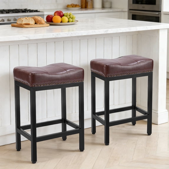 Sybels 24" Saddle Bar Stools (Set of 2) - PU Leather Counter Stools with Footrest for Kitchen Island, Cafe,Brown