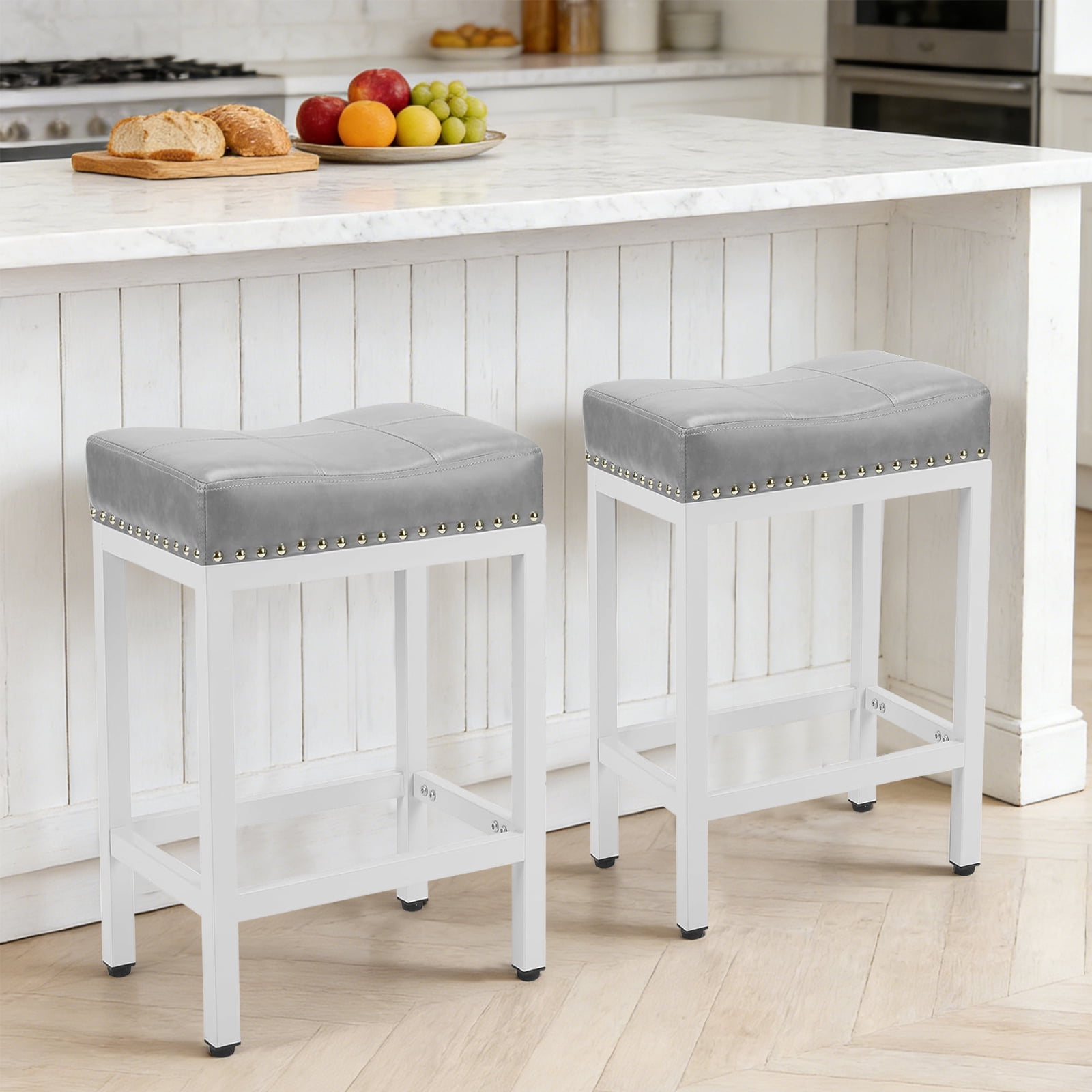 Sybels 24" Saddle Bar Stools (Set of 2) - PU Leather Counter Stools with Footrest for Kitchen Island, Cafe，Gray