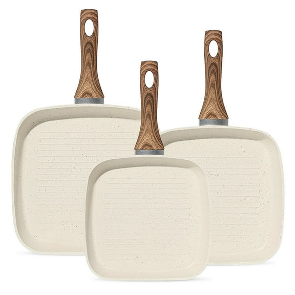 Sybels 3-Piece Nonstick Grill Pan Set, Square ，for Healthy Cooking, Universal for Induction Gas Electric Glass Stovetops, Cool-Touch Handle (9.5" 10" 11")，Beige