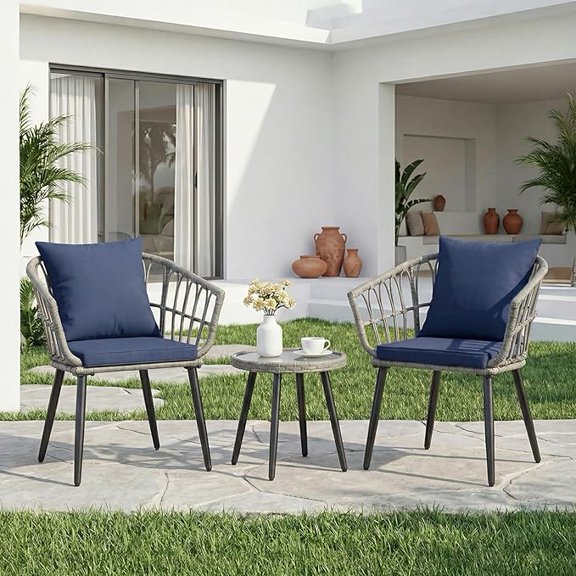 Sybels 3-Piece Outdoor Wicker Bistro Set, All-Weather Rattan Furniture with Comfortable Cushions, Space-Saving Steel Frame Table and Chairs for Garden, Small Balcony, Apartment, Gray