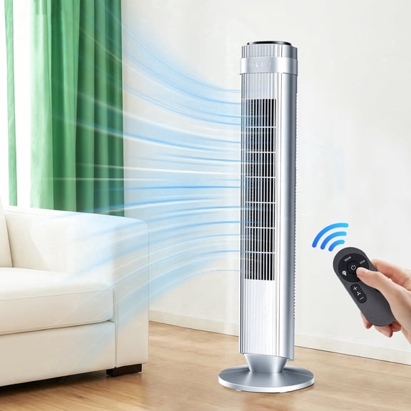Sybels 35" Bladeless Tower Fan, Quiet Cooling Floor Fan with Remote, 5 Speeds & 4 Modes, 12-Hour Timer, Portable Standing Fan for Bedroom, Office, Home, Sliver