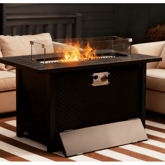 Sybels 45" Square Fire Pit Table | 50,000 BTU Patio Heater with Tempered Glass Wind Guard | Create a Cozy Outdoor Space on Your Deck or Patio