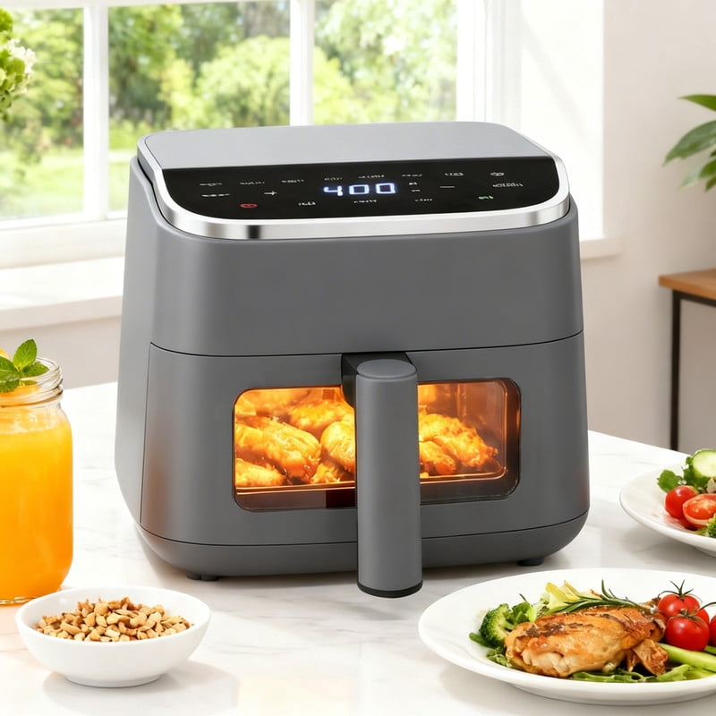 Sybels 4QT Digital Air Fryer: 1500W, Visible Window, 8 Presets, 400°F, 60-Min Timer, Auto Shut-Off, Dishwasher-Safe Basket, Gray