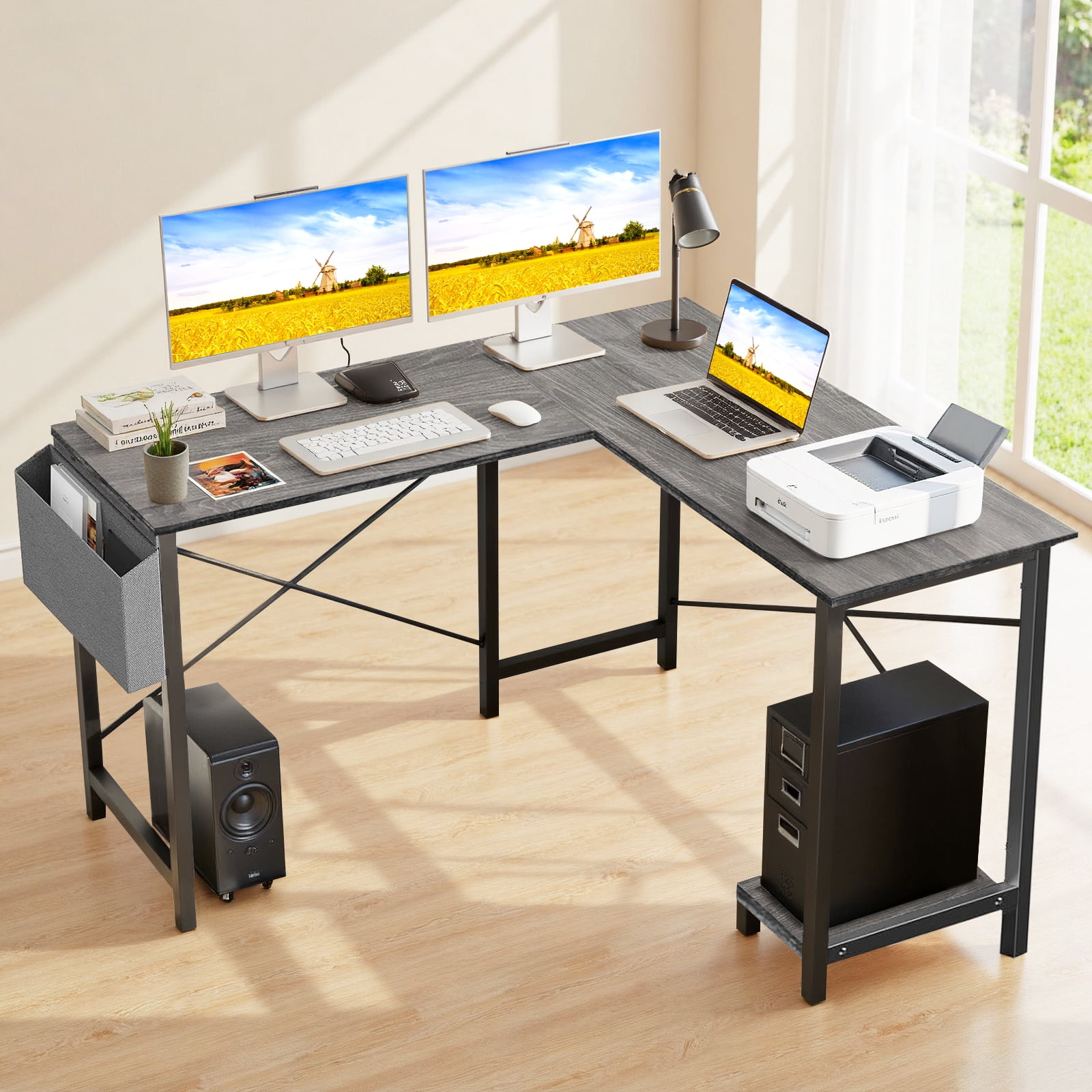 Sybels 50-inch L-Shaped Gaming Computer Desk with CPU Stand & Side Bag, Corner PC Workstation for Home Office, Small Space Saver,Gray