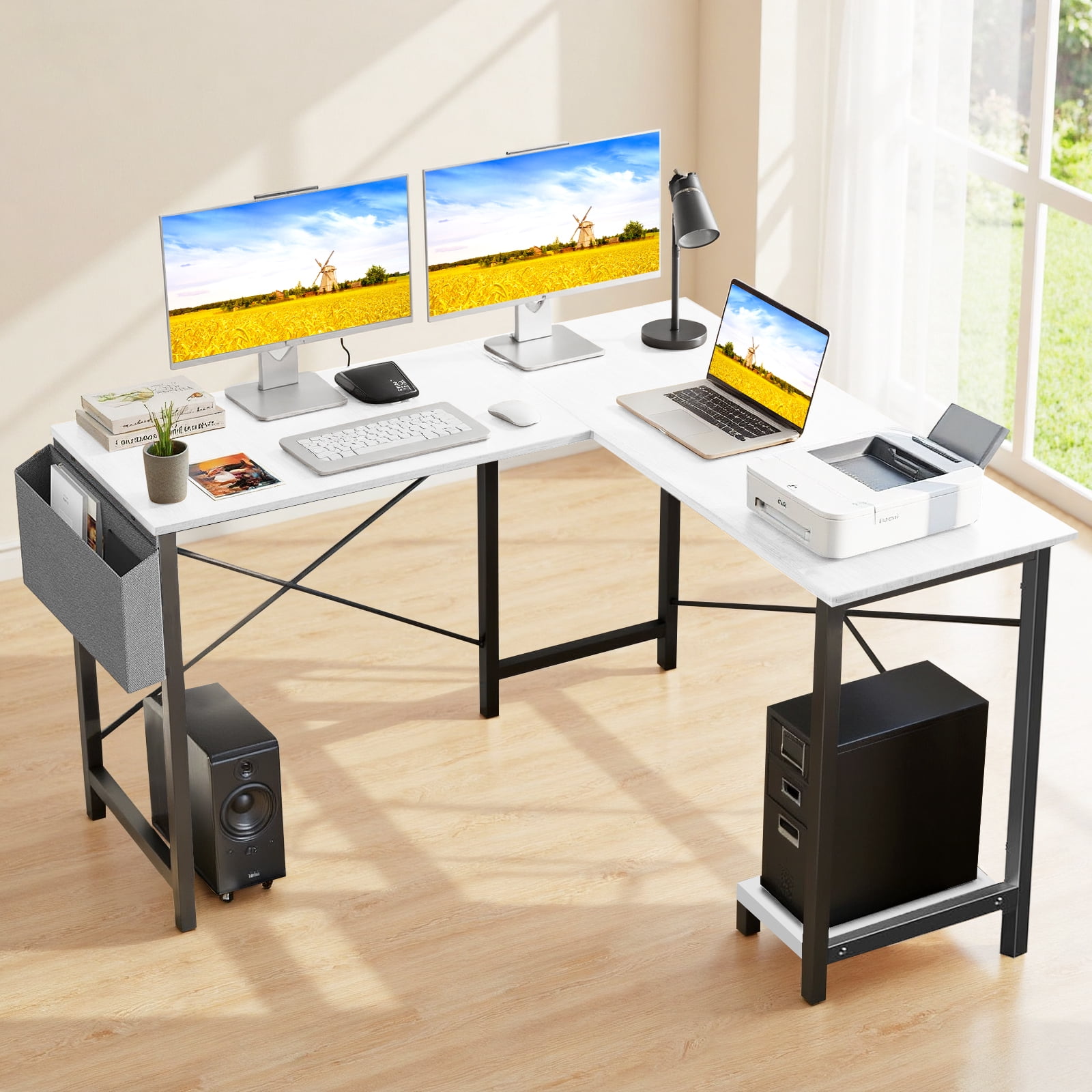 Sybels 50-inch L-Shaped Gaming Computer Desk with CPU Stand & Side Bag, Corner PC Workstation for Home Office, Small Space Saver,White